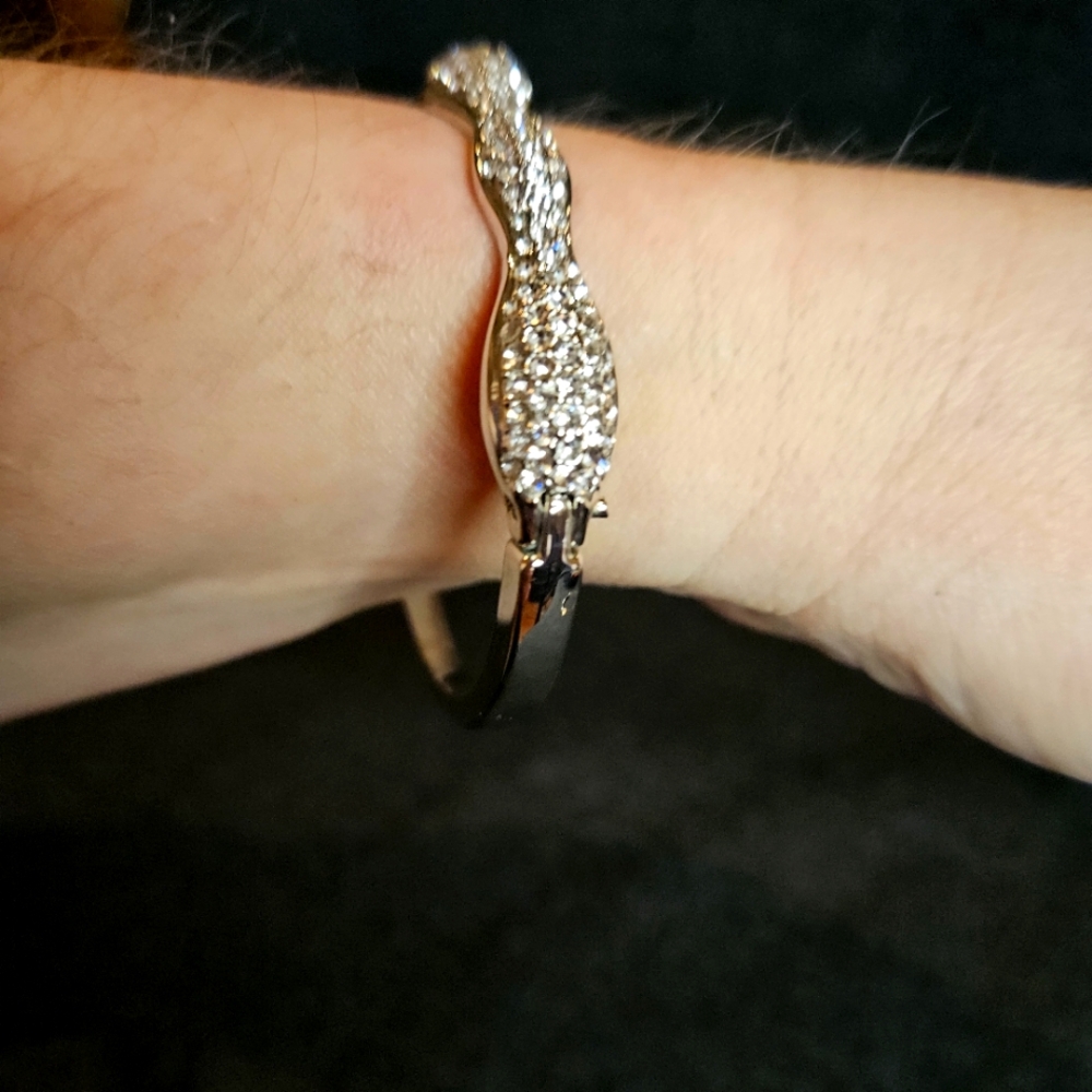 Silver-Tone Hinged Bangle Bracelet With Clear Rhinestones - Picture 2 of 4